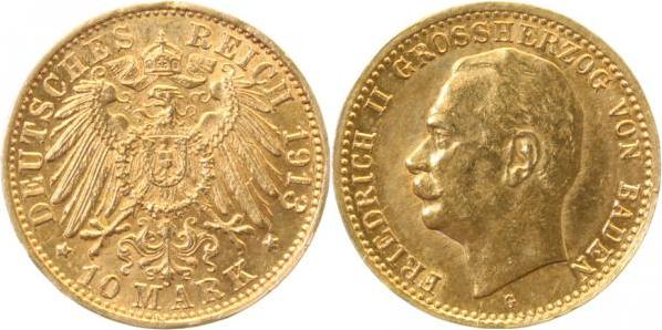 19113G~1.1-GG 10 Mark   Friedrich II v.Baden 1913G prfr/stgl selten TOP !!! J 191  