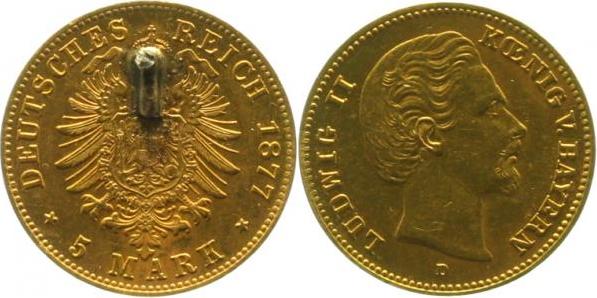 19577D~1.5b 5 M Ludwig II 1877D fast stgl mit deutliche Broschierspur 195  