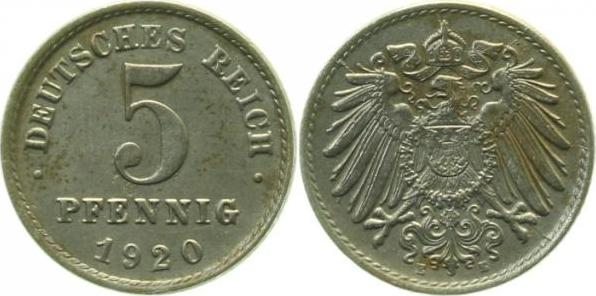 29720E~1.5 5 Pfennig  1920E vz/stgl !! J 297  