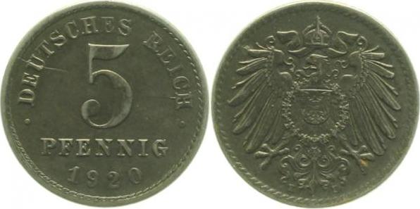 29720E~2.0p 5 Pfennig  1920E vz deutlicher St.Riß !! J 297  