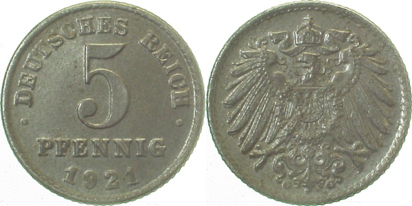 29721G~1.5 5 Pfennig  1921G vz/prfr. J 297  