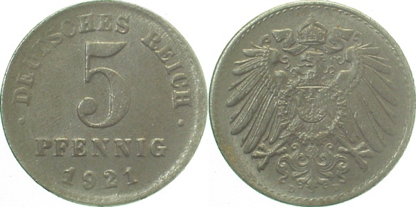 29721D~1.0 5 Pfennig  1921D stgl !! J 297  