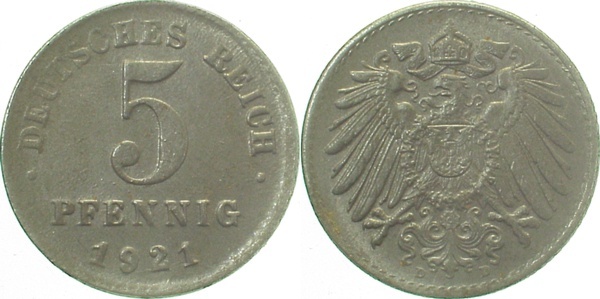 29721D~1.0 5 Pfennig  1921D stgl !! J 297  