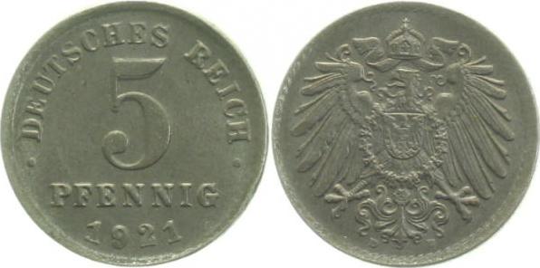 29721D~1.1-P 5 Pfennig  1921D prfr/st Wertzahl oben dopp.!! J 297  