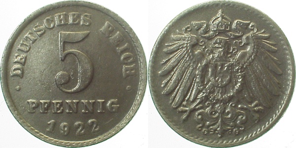 29722G~1.1 5 Pfennig  1922G prfr/st !! J 297  