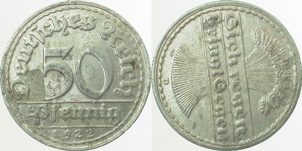 30122D~2.5b 50 Pfennig  1922D ss/vz S75 selten J 301  