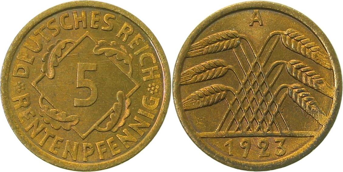 30823A~1.1a 5 Pfennig  1923A prfr/st, EA, deutl. Abzieghspuren, gold. Patina, TOP J 308  