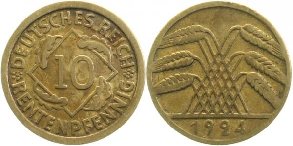 30924-~3.0P 10 Pfennig  1924 ohne erhabenes Mzz. geprägt J 309  