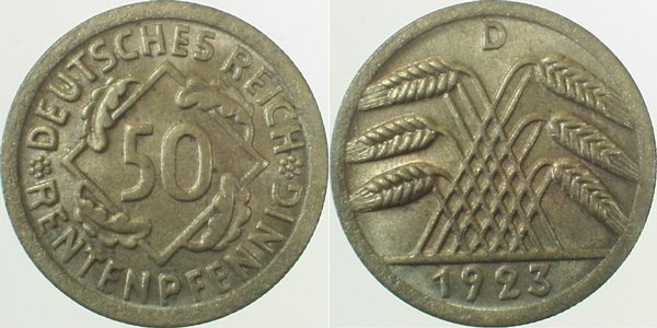 31023D~1.2 50 Pfennig  1923D prfr sch.Patina J 310  