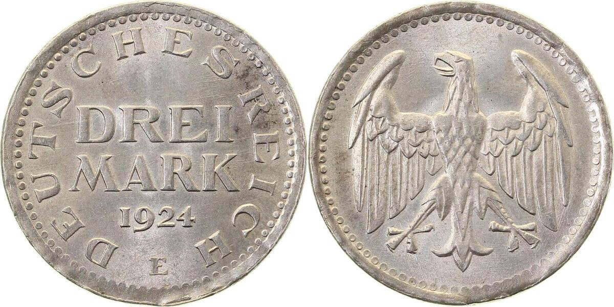 31224E~1.1-GG-b 3 Reichsmark  1924E prfr/stgl leichtes Zainende !!!!! Unikat J 312  