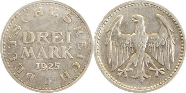 31225D~3.0b 3 Reichsmark  1925D Kursmünze SS leichte Kratzer J 312  