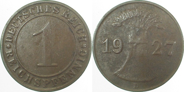 31327D~2.5 1 Pfennig  1927D ss/vz J 313  