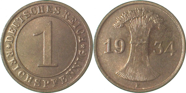 31334E~0.9 1 Pfennig  1934E stgl/fein !!! RRR J 313  