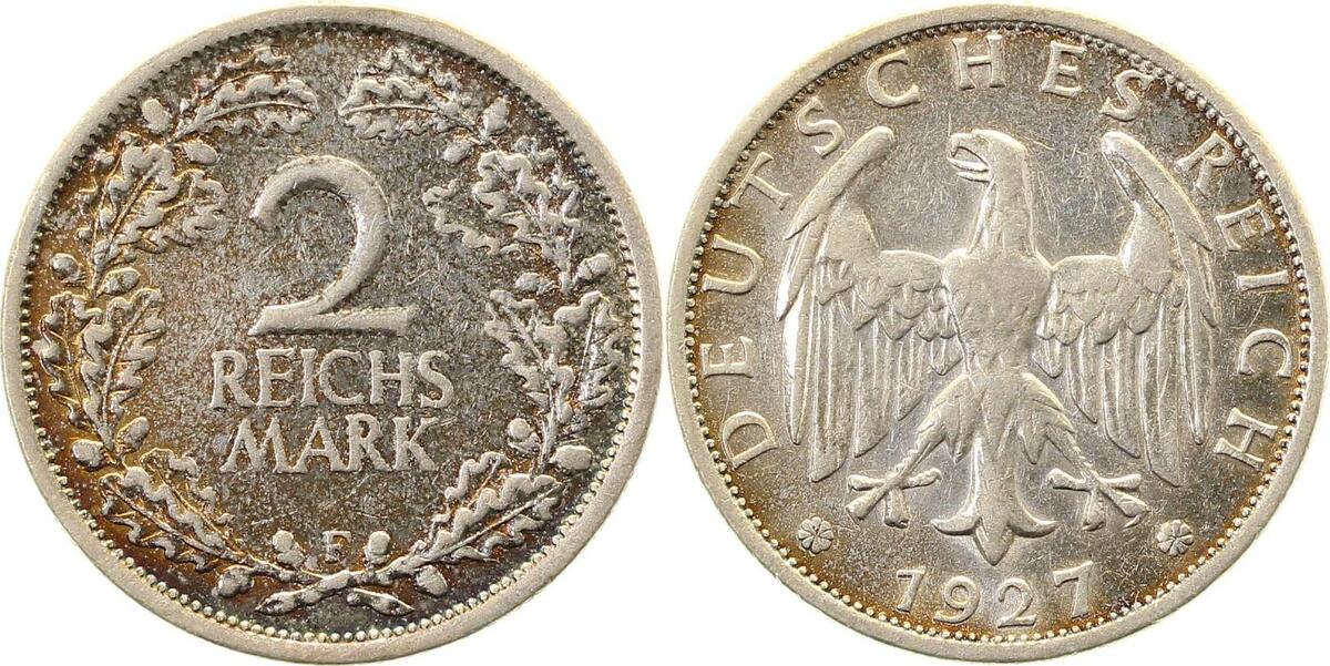 32027F~3.0-GG-PAT 2 Reichsmark  1927F ss schöne Patina J 320  