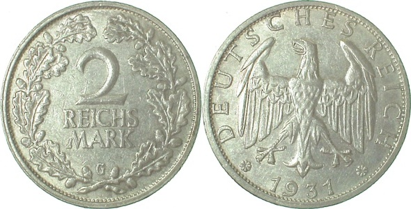 32031G2.5 2 Reichsmark  1931G ss/vz J 320  