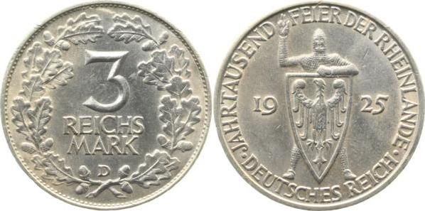 32125D~1.1 3 Reichsmark  1925D prfr/stgl !! J 312  