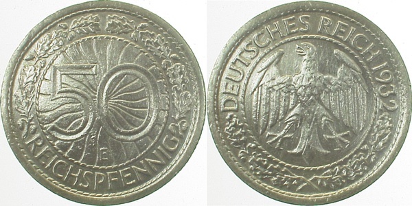 32432E~2.8b 50 Pfennig  1932E ss/vz kl. Rf. J 324  