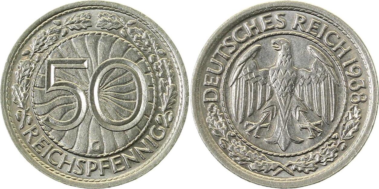 32438G~1.1a 50 Pfennig  1938G prfr/stgl, Rückseite Erstabschlag, first strike, TOP J 324  