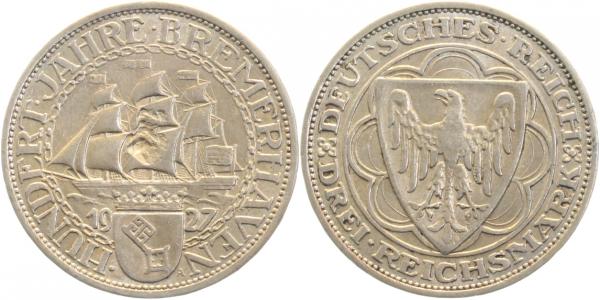 32527A~2.5b 3 Reichsmark  Bremerhaven 1927A ss/vz J 325  