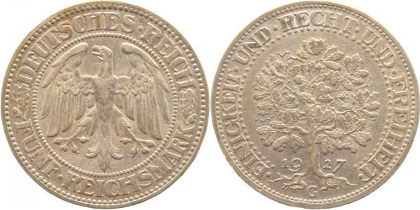 33127G~2.0-GG 5 Reichsmark  1927G Eichbaum vz!! J 331  