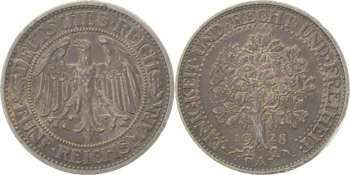 33128A~1.8 5 Reichsmark  1928A Eichbaum vz+ dunkle Patina J 331  