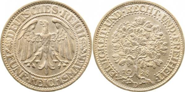 33128D~1.2-GG 5 Reichsmark  1928D Eichbaum prfr !!! J 331  