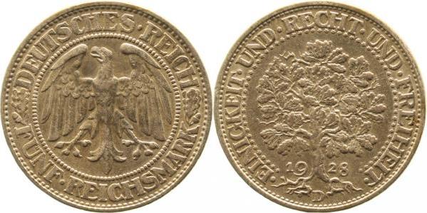 33128D~1.8-GG 5 Reichsmark  1928D Eichbaum vz+!! J 331  