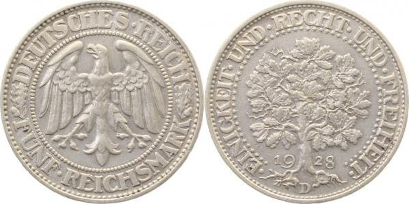 33128D~1.8 5 Reichsmark  1928D Eichbaum vz+!! J 331  