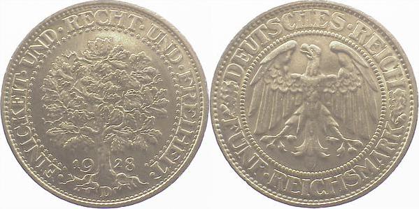 33128D~2.0 5 Reichsmark  1928D Eichbaum vz!! J 331  