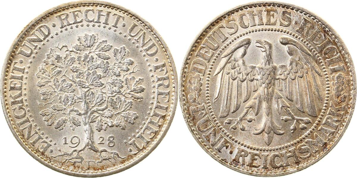 33128F~1.1-GG-PAT 5 Reichsmark  1928F Eichbaum prfr/stgl TOP beginnende gold. Tönung J 331  