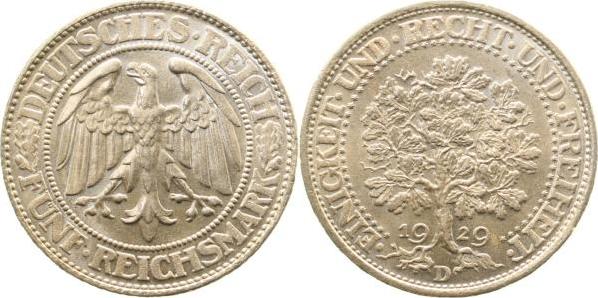 33129D~1.1-GG 5 Reichsmark  1929D Eichbaum prfr/stgl !!! J 331  