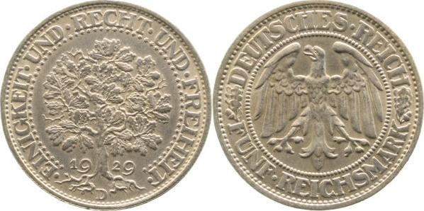 33129D~1.2 5 Reichsmark  1929D Eichbaum f.stgl !!! J 331  