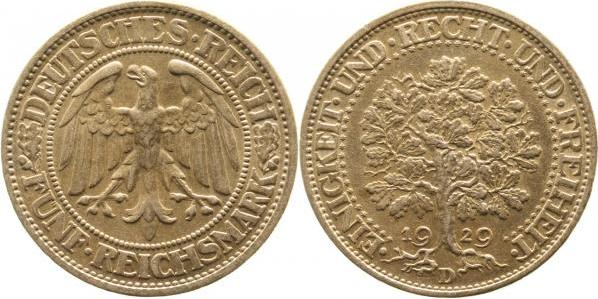 33129D~1.8-GG 5 Reichsmark  1929D Eichbaum vz/prfr J 331  