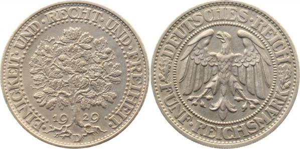 33129D~2.0b-GG 5 Reichsmark  1929D Eichbaum vz berieben J 331  