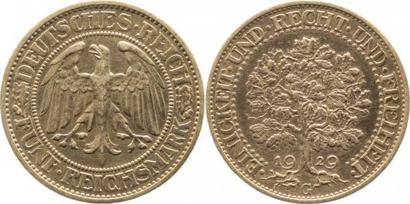 33129G~1.8-GG 5 Reichsmark  1929G Eichbaum vz+ J 331  