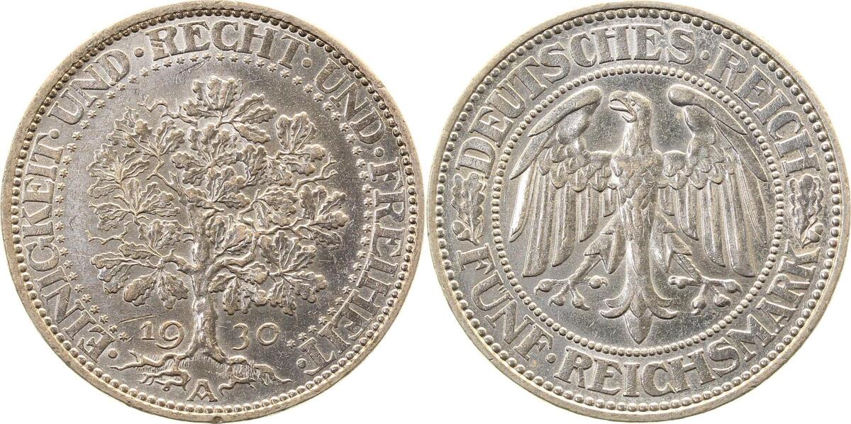 33130A~1.5-GG 5 Reichsmark  1930A Eichbaum vz/stgl J 331  