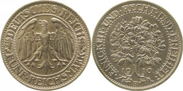 33130F~1.5-GG 5 Reichsmark  1930F Eichbaum vz/stgl !!! J 331  