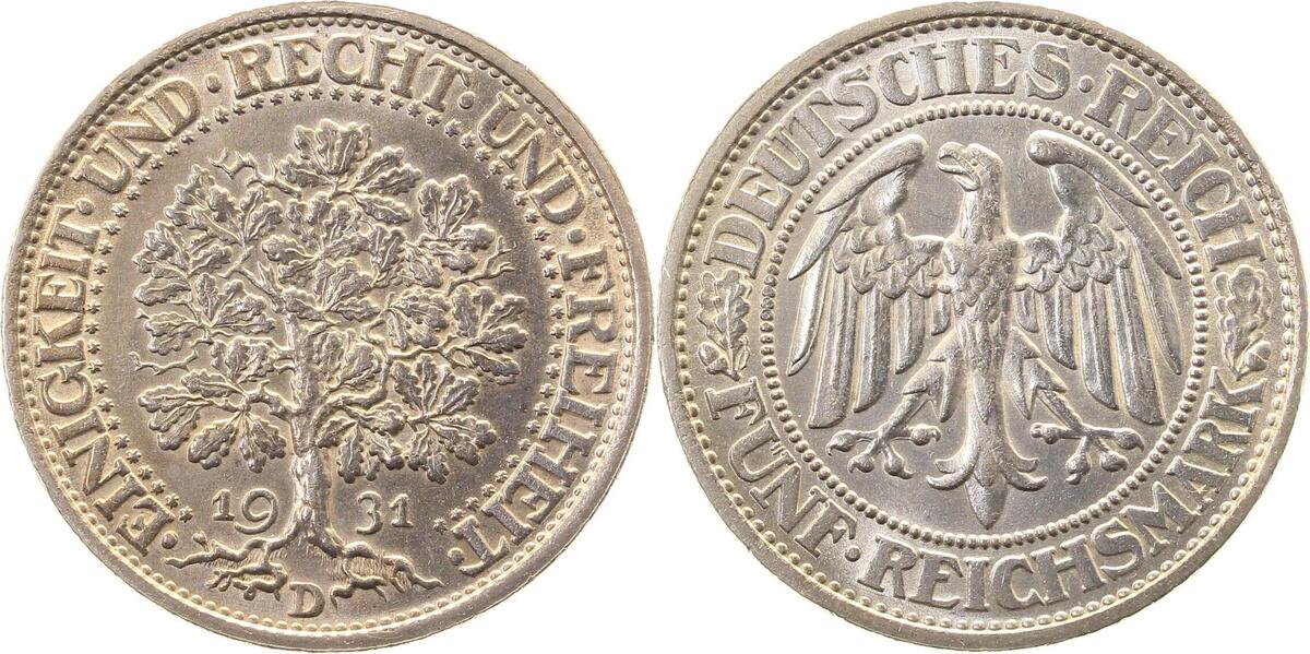 33131D~1.1-GG 5 Reichsmark  Eichbaum 1931D prfr/stgl !! J 331  