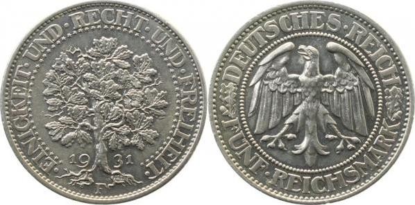 33131F~1.1a 5 Reichsmark  Eichbaum 1931F prfr/stgl EA !!! J 331  