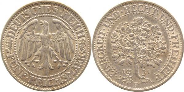 33131F~1.8-GG 5 Reichsmark  Eichbaum 1931F prfr/stgl EA !!! J 331  