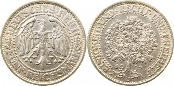 33132D~1.1-GG 5 Reichsmark  1932D Eichbaum vz/stgl J 331  