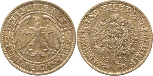 33132D~2.0-GG 5 Reichsmark  1932D Eichbaum vz J 331  