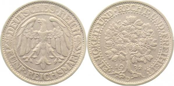 33132D~2.5 5 Reichsmark  1932D Eichbaum ss/vz J 331  