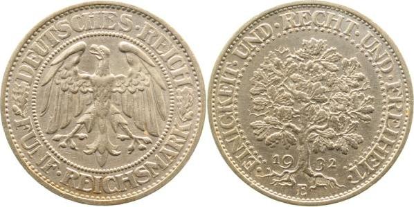33132E~1.2b-GG 5 Reichsmark  1932E Eichbaum prfr. min.Delle bei E von Einigkeit J 331  