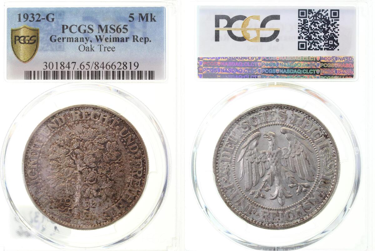 33132G~1.3b-GG 5 Reichsmark  Eichb. 1932G f.prfr/prfr min.Krätzerchen PCGS:84662819 J 331  