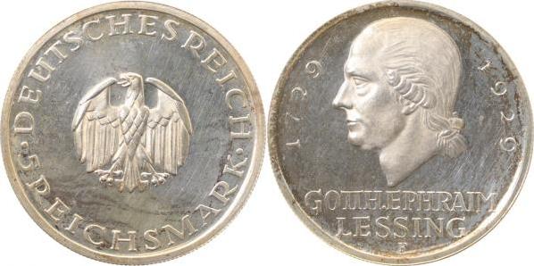 33629F~0.0-GG-PAT 5 Reichsmark  1929F Gotth.Ephr.Lessing Polierte Platte,proof, TOP !! J 336  