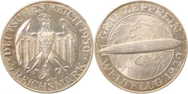 34330A~0.0-GG 5 Reichsmark  Zeppelin 1930A Pol. PLatte min. berührt, proof hairlines J 343  