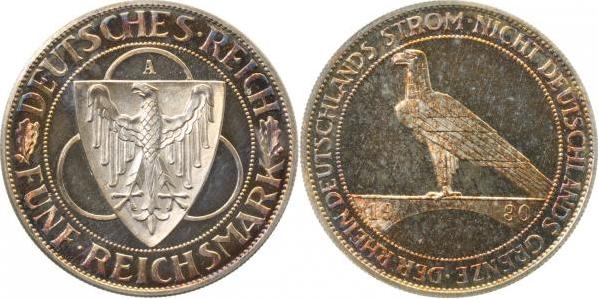 34630A~0.0-GG-PAT 5 Reichsmark  Rheinl.Räum. 1930A Pol. Platte, herrl. goldene Patina J 346  
