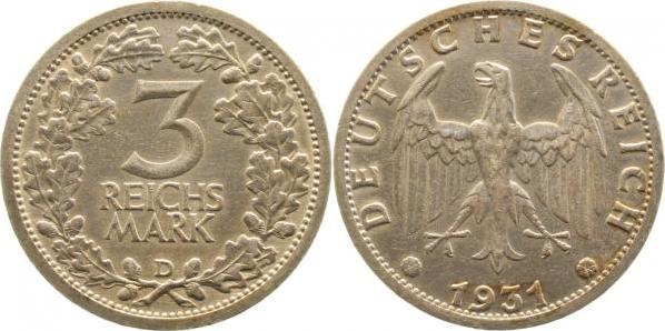 34931D~1.8-GG 3 Reichsmark  1931D vz+ J 349  