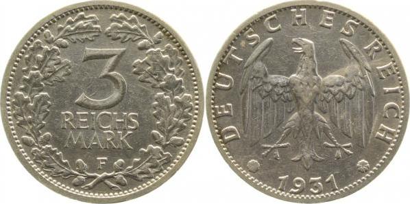 34931F~2.2-GG 3 Reichsmark  1931F f. vz leichte Krätzerchen J 349  